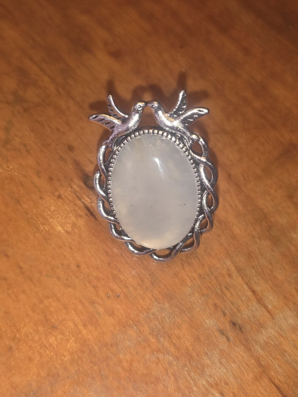White Opal? Gemstone With Pair Of Doves In An Ornate Decorative Frame Ring